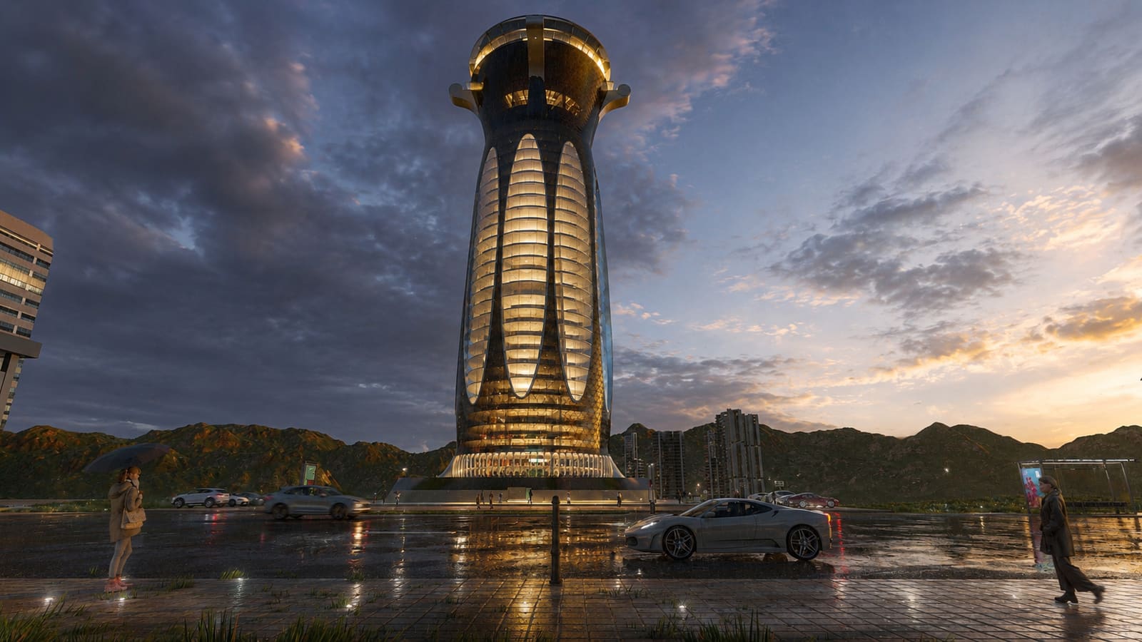 Rendering of Michallier Tower at dusk, Haiti's first skyscraper